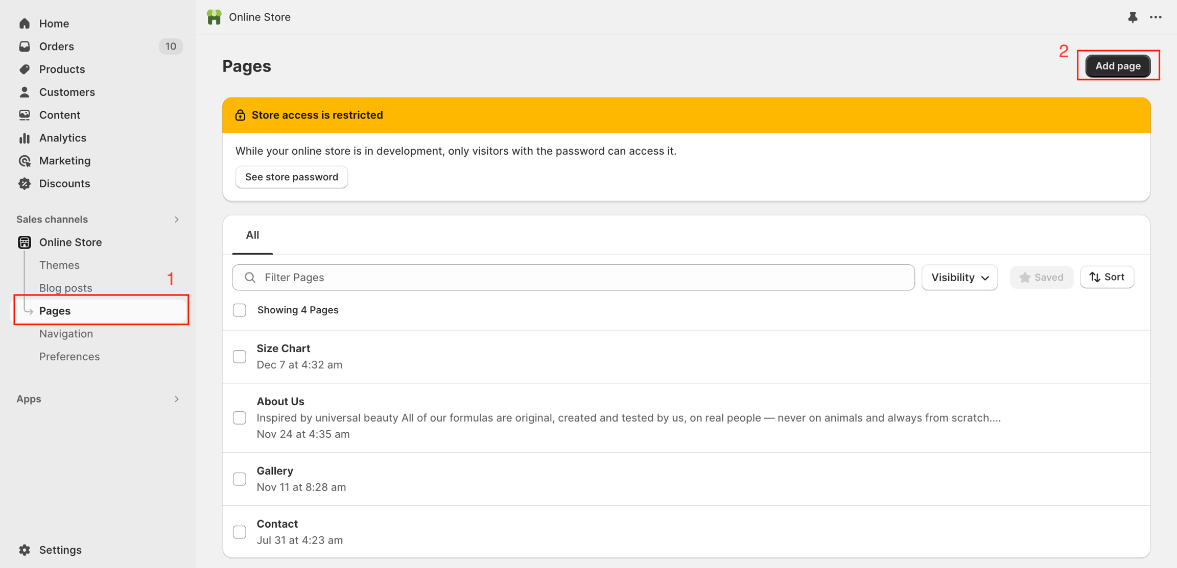 Add page in the Shopify admin