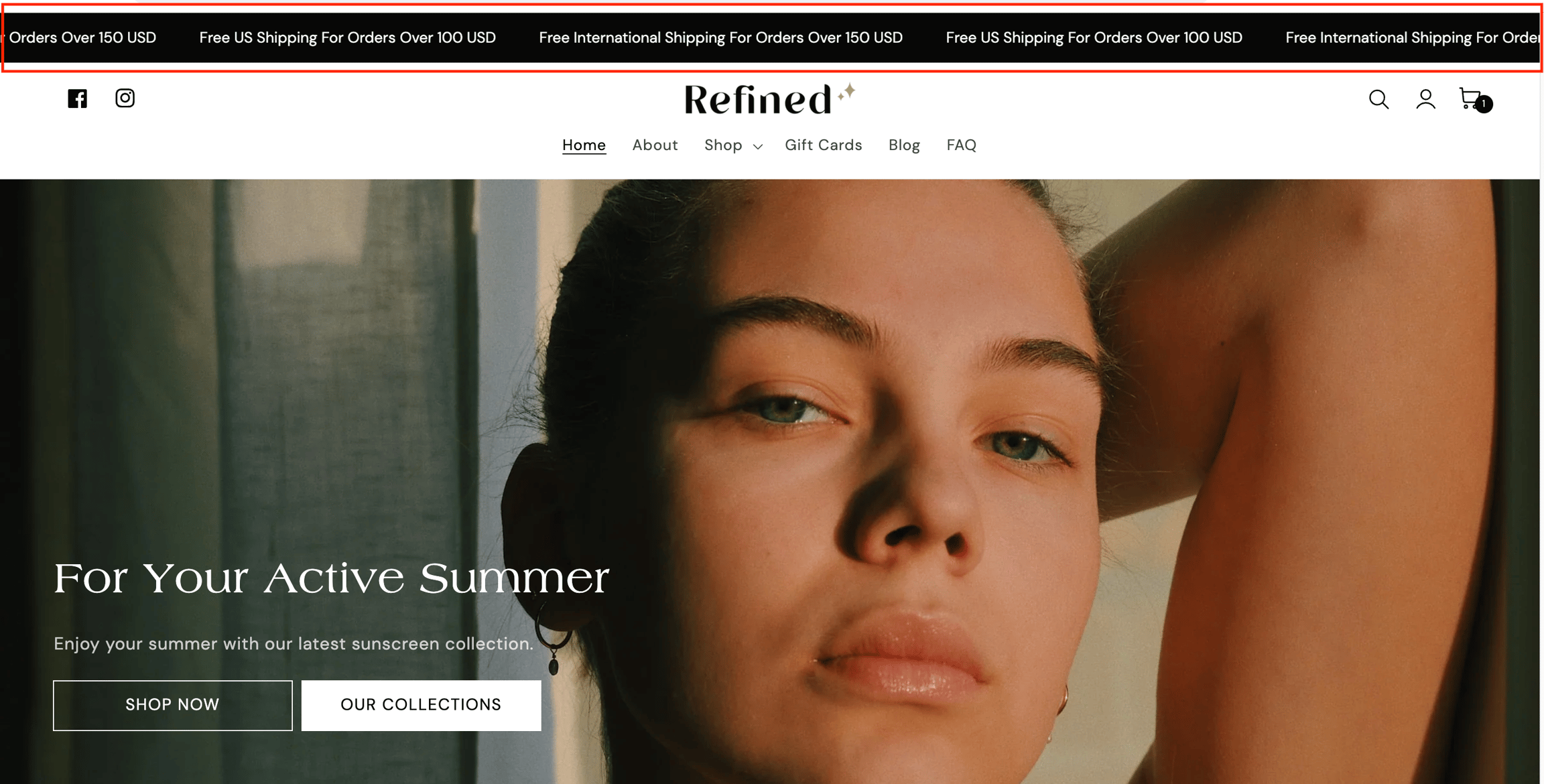 Scrolling announcement bar above the header