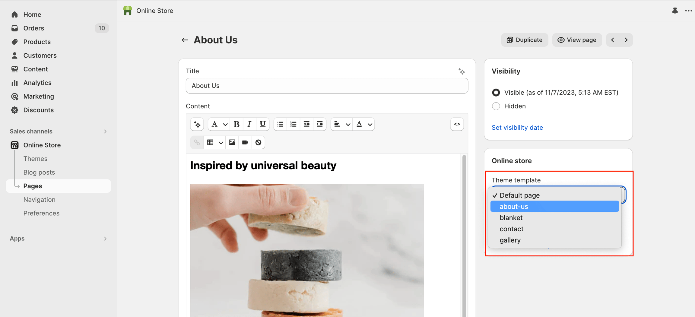 Theme template dropdown on a page
