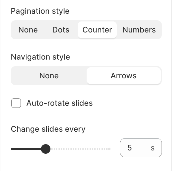 Pagination style, Navigation style and Auto-rotate settings