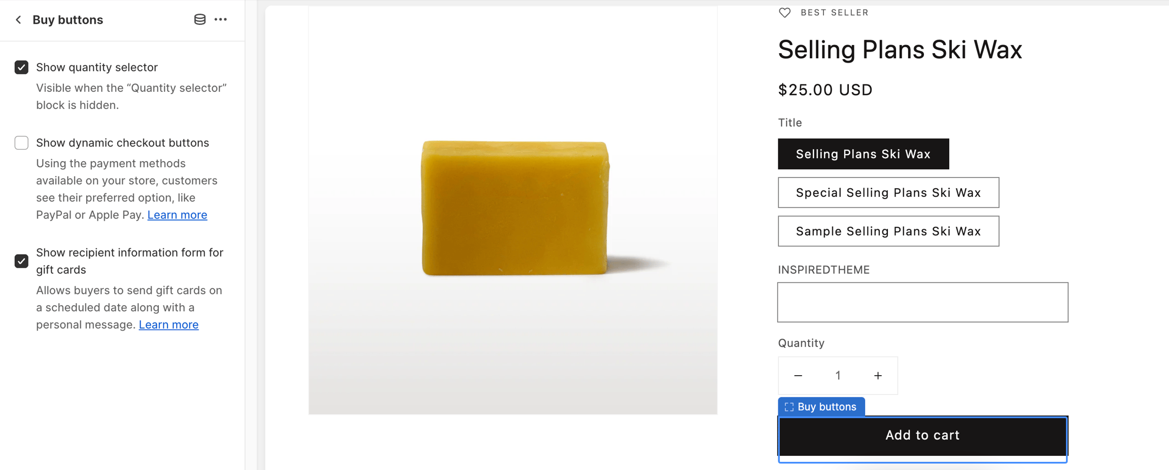 Buy buttons block settings and result