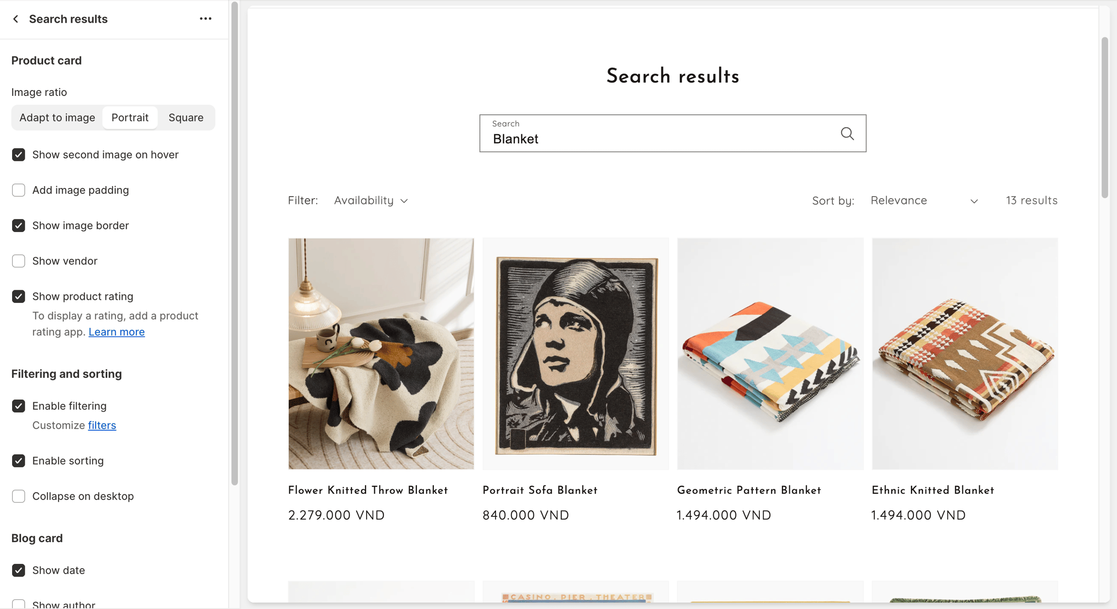 Search results settings and results page