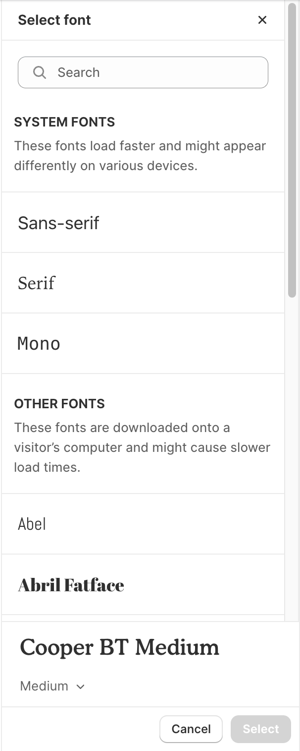 Shopify font picker